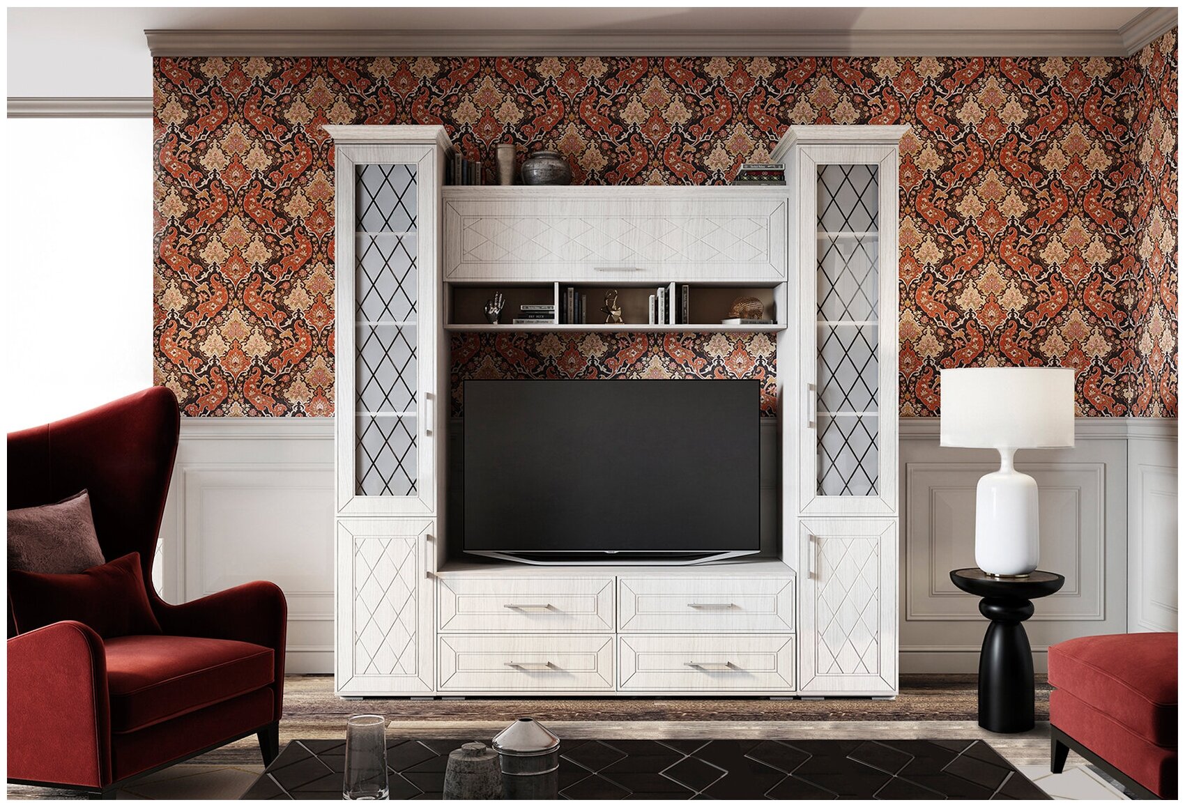 фото Гостиная BTS Британика Дуб Атланта / Дуб брашированный С карнизом