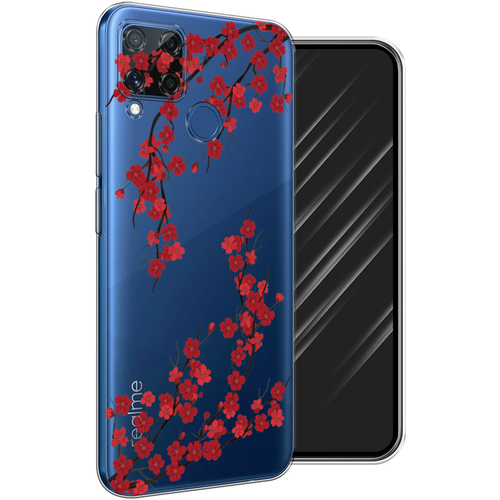 Силиконовый чехол на Realme C15 / Реалми С15 Красная сакура, прозрачный силиконовый чехол на realme c15 реалми с15 солнечные цветы прозрачный