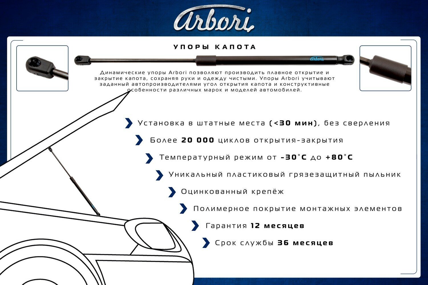 Упоры Капота (Ком-Кт 2 Шт) Hyundai Grand Starex, 2017-2021 Autofamily арт. ARBORI. HD.016108