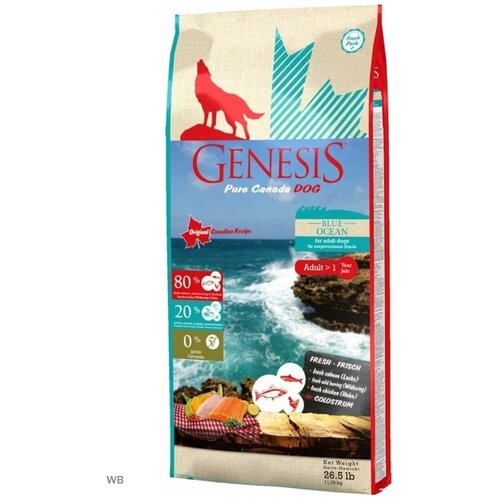 genesis pure canada blue ocean adult для взрослых собак всех пород с лососем сельдью и курицей Сухой корм для собак Genesis Blue Ocean, беззерновой, лосось, сельдь, курица 1 уп. х 1 шт. х 11.79 кг