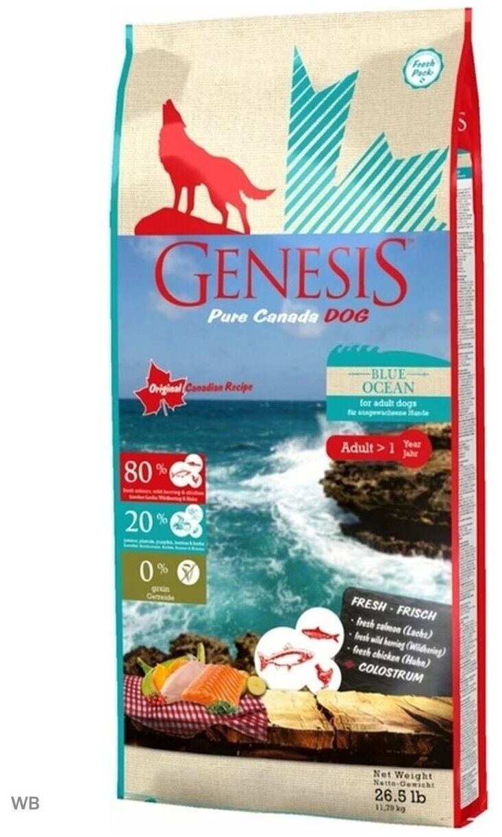 Genesis Pure Canada Blue Ocean Adult для взрослых собак всех пород с лососем, сельдью и курицей - 11,79 кг