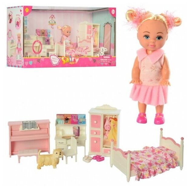 Кукла 11 см с набором мебели "Детская комната" в коробке.