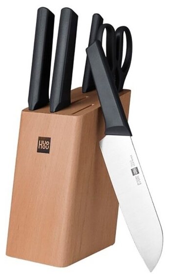 Набор стальных ножей Huohou 6-Piece Kitchen Knife Set Lite (HU0057), (4 ножа + ножницы + деревянная подставка из бука) русская версия, черный