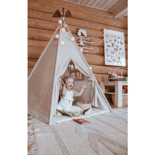 Детский игровой домик вигвам из льна с матрасом и подушкой
