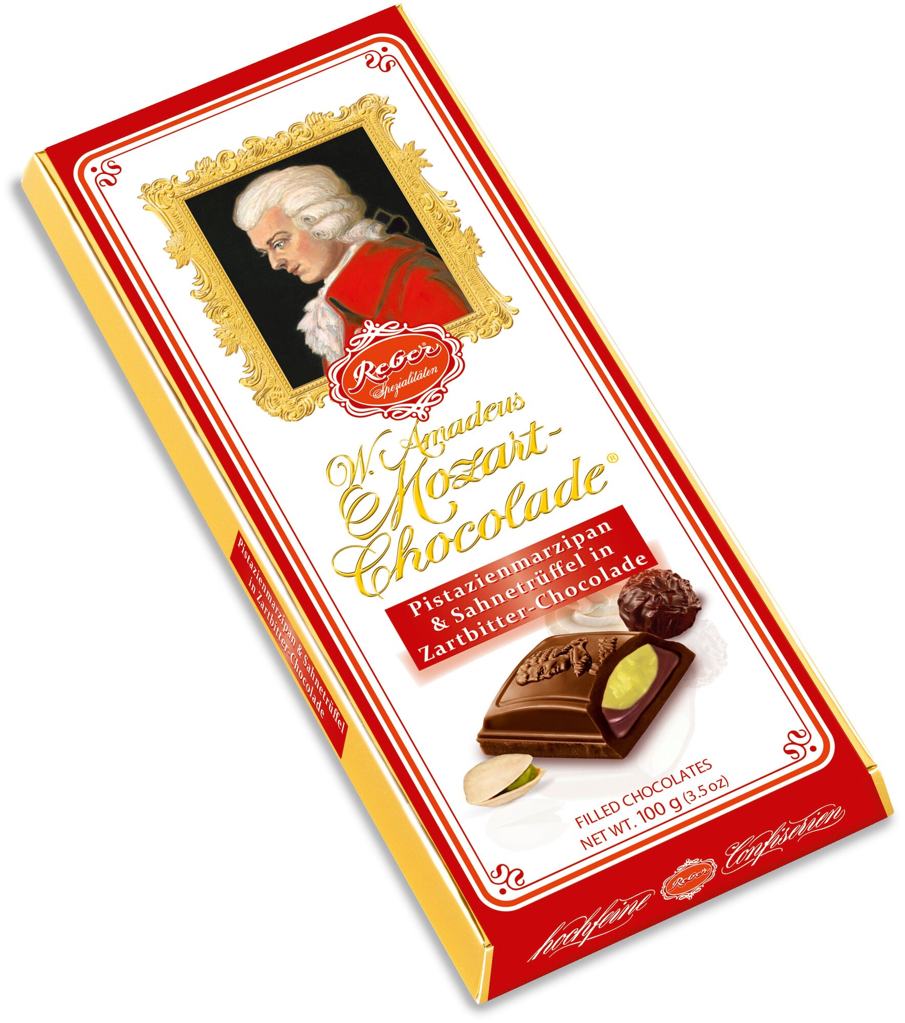 Шоколад Reber Mozart Chocolade Горький шоколад с фисташковым пралине, 100 г - фотография № 9