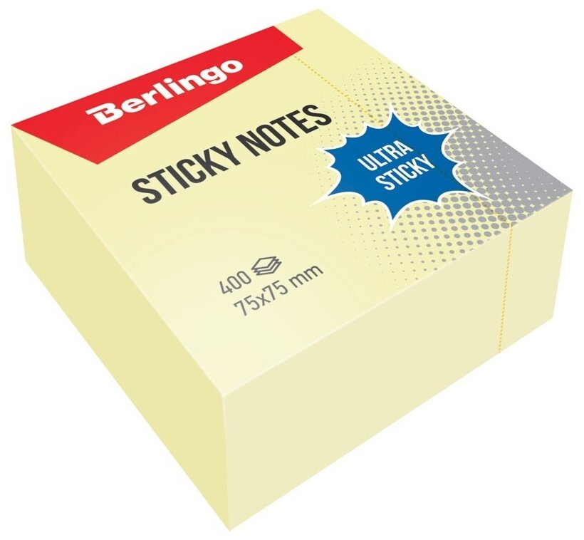 Самоклеящийся блок Berlingo "Ultra Sticky", 75х75 мм, 400 листов, пастель, желтый (LSn_40000)