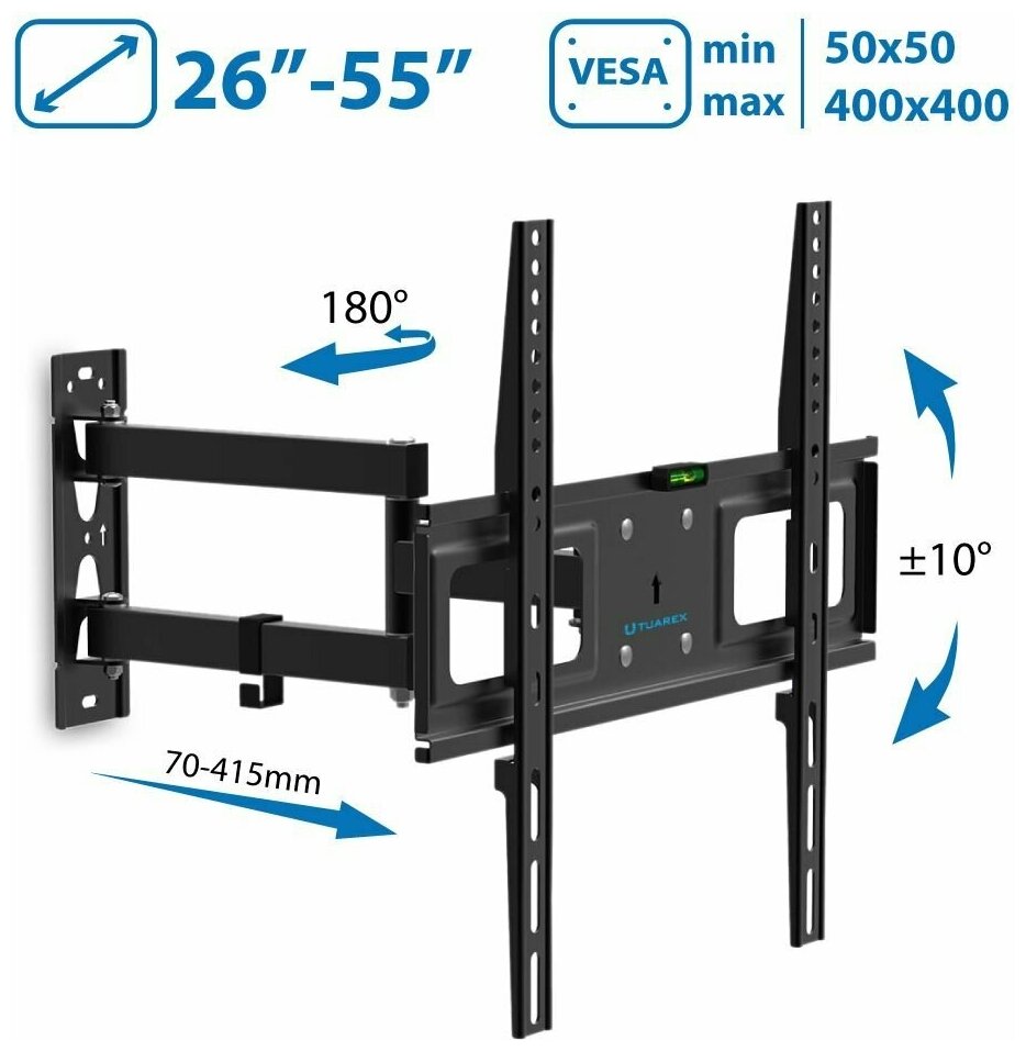 Кронштейн для ТВ TUAREX ALTA-406 black (max VESA 400x400 мм, настенный, наклонно-поворотный, max 35 кг) (90195)