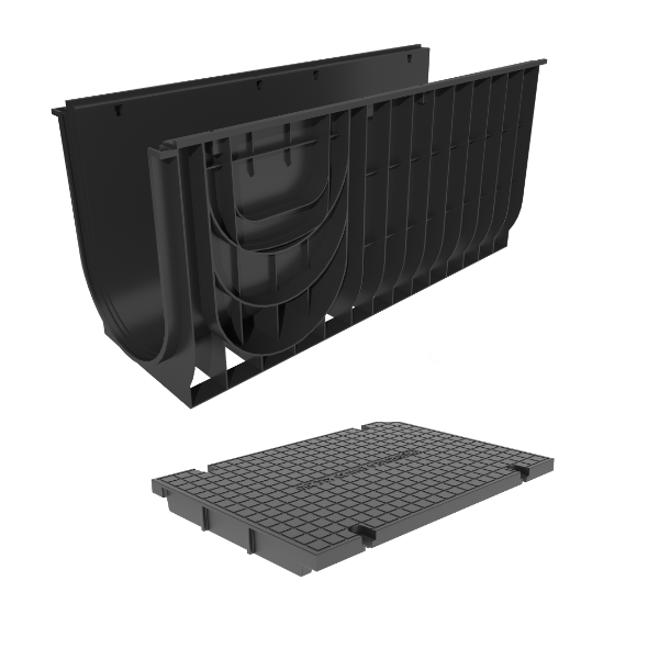 Лоток пластиковый Pro DN300 H480 мм с пластиковой глухой крышкой и крепежом класс C250