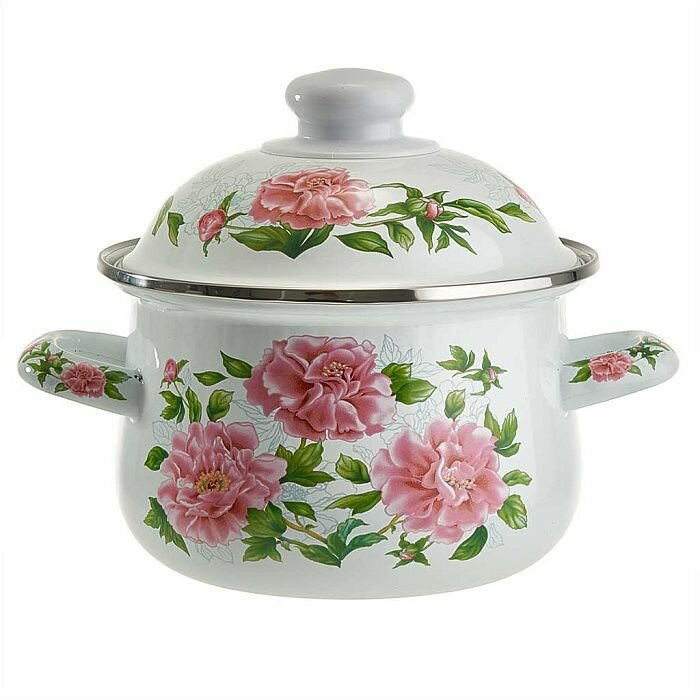 Кастрюля MetaLLoni EM-1501 "Пионы" эмалированная с эмалированной крышкой 2 л