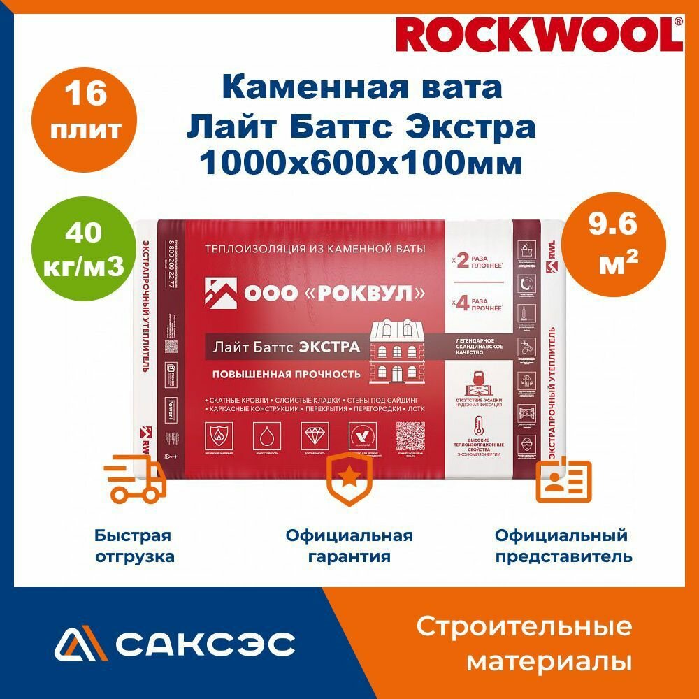 Каменная вата базальтовый утеплитель Роквул Лайт Баттс Экстра 1000х600х100мм, 16 плит, 9.6 м2 / ROCKWOOL