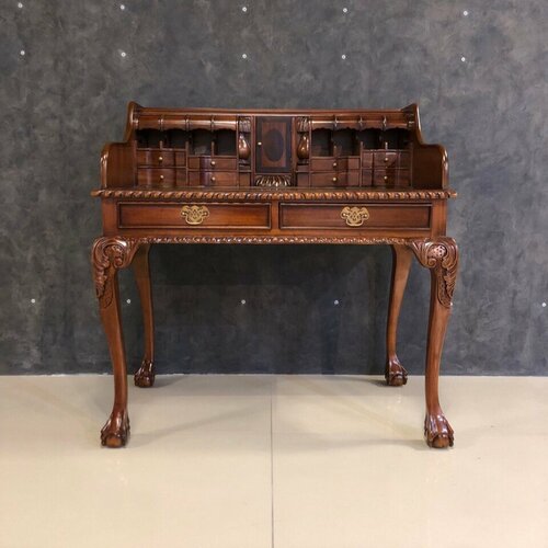 Стол бюро DOMKORLEONE в стиле Chippendale из красного дерева с коричневой кожей, цвет орех