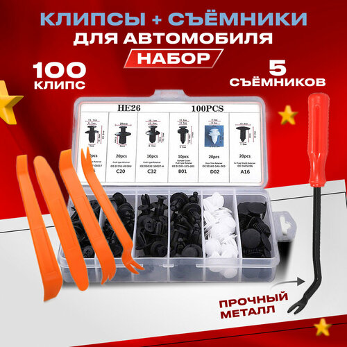Клипсы для автомобиля для крепления обшивки салона, набор 100 штук 6 видов + инструменты для снятия,