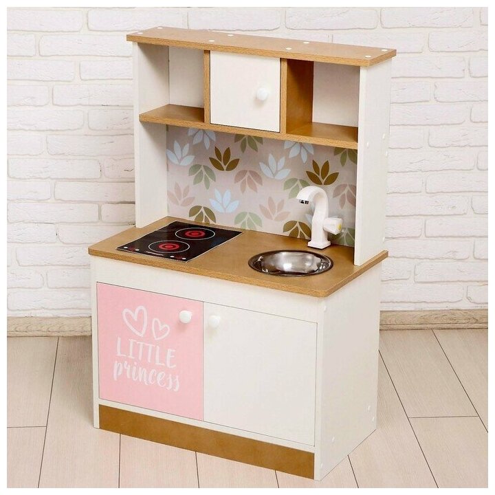Игровая мебель Детская кухня, цвет корпуса бело-бежевый, цвет фасада бело-розовый, фартук цветы