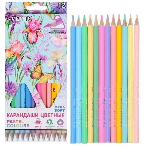 Карандаши 12 цветов, deVENTE Trio Mega Soft Pastel, трёхгранный корпус, супер мягкие, 4M, грифель 3 мм, пастельные цвета