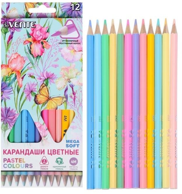 DeVENTE Карандаши 12 цветов, deVENTE Trio Mega Soft Pastel, трёхгранный корпус, супер мягкие, 4M, грифель 3 мм, пастельные цвета