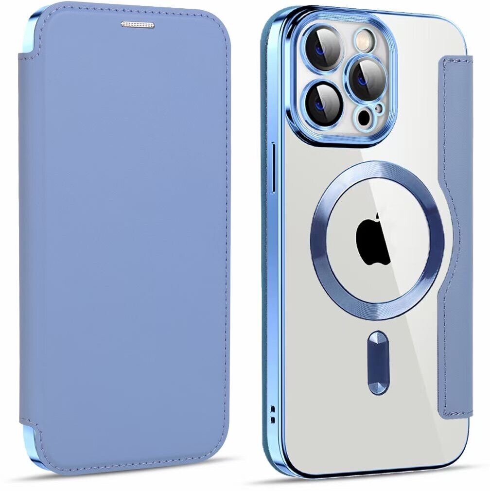 фото Чехол-книжка Mocome Magnetic для iPhone 14 pro (айфон 14 про) с MagSafe (магсейф) искусственная кожа, голубой