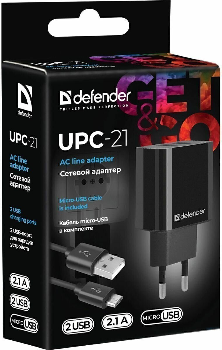 Зарядное устройство для телефона Defender UPC-21 2xUSB,5V/2.1А, кабель microUSB