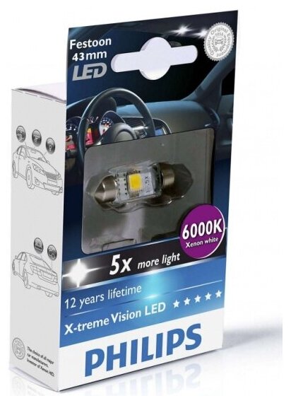 Светодиодная лампа Philips X-tremeVision LED C5W, Festoon 43 мм, дневной свет 6000K 12V 1W, 1 шт, 129466000KX1