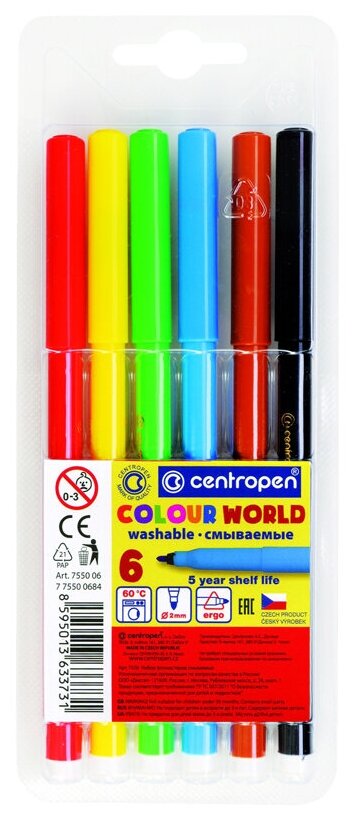 Фломастеры Centropen "Colour World", 06цв, трехгранные, смываемые, блистер, 2 штуки