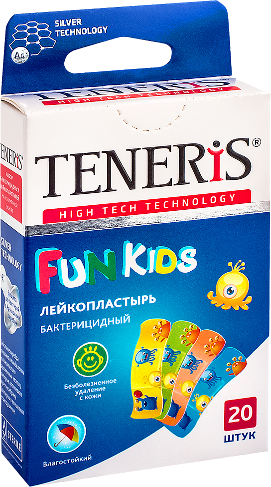 Лейкопластырь Teneris Fun Kids бактерицидный с ионами серебра на полимерной основе 20 шт