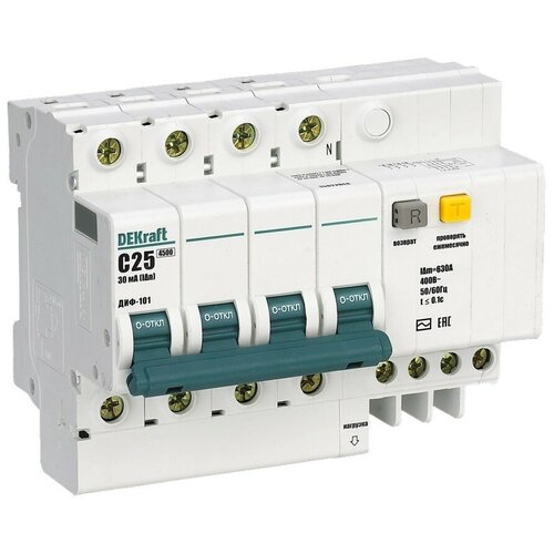 Автоматический выключатель дифференциального тока четырёхполюсный DEKraft ДИФ-101 25А, 100мА, тип AC, характеристика C