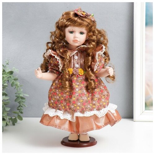 Кукла коллекционная керамика Тося в платье с мелкими цветочками, с бантом в волосах 30 см 758617