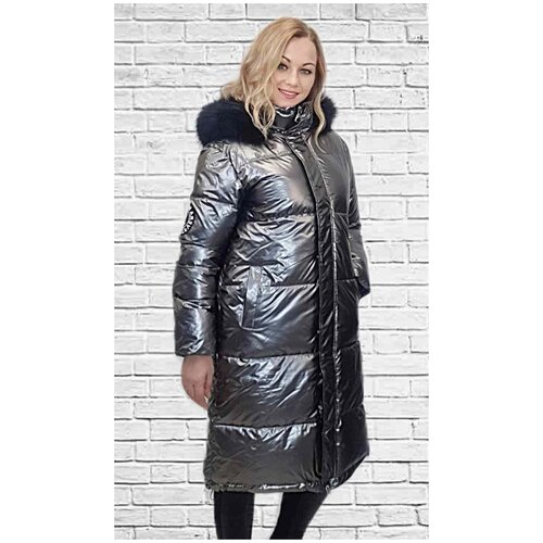 фото Куртка пуховик женский зимний длинный с капюшоном с мехом теплый до -20 градусов ниже колена свободного кроя оверсайз необычный непромокаемый модный большой размер стильный зимняя куртка женская удлиненная теплое пальто пуховое зима утепленное винил, размер 48, серебряный bgt