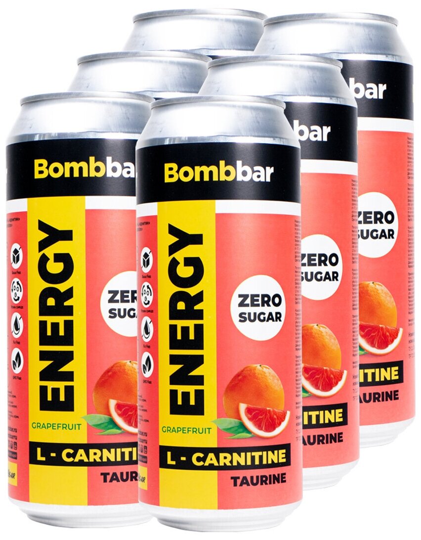 Bombbar, Энергетический напиток без сахара с Л-карнитином ENERGY, 6шт по 500мл (Грейпфрут)