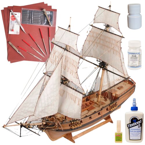 фото Бригантина феникс улучшенная, модель парусного корабля, м. 1:72, подарочный набор для сборки +подставка + инструменты + краска, лак и клей россия