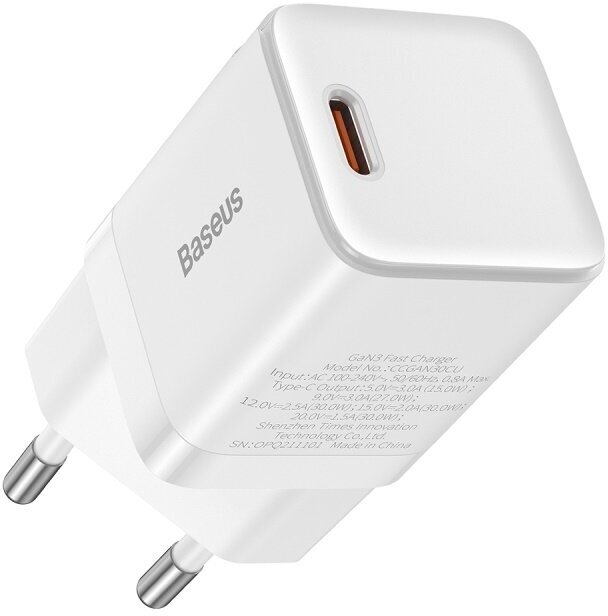 Зарядное устройство BASEUS GaN3 USB-C, 3A, 30W, белый