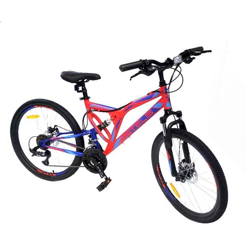 Велосипед подростковый двухподвес Stels Mustang 24 MD V010 красный неоновый/синий 16 велосипед подростковый двухподвес stels mustang 24 md v010 красный неоновый синий 16