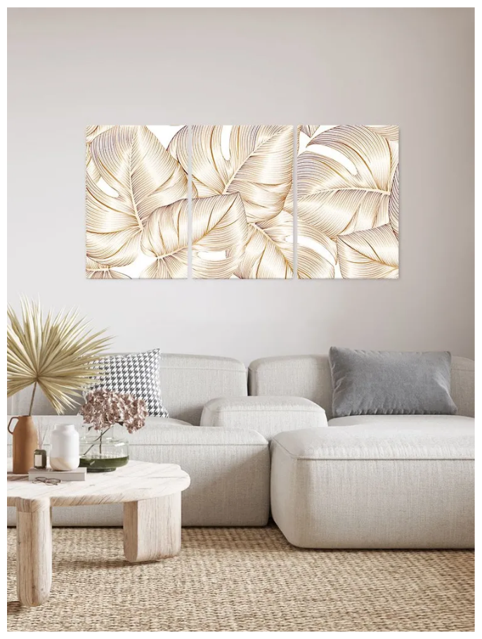Модульная картина для интерьера Золотые листья на белом фоне 60х120 см Мир Печатей