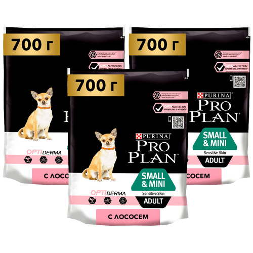 Сухой корм для собак Pro Plan Sensitive Skin, лосось 1 уп. х 3 шт. х 700 г (для карликовых пород)