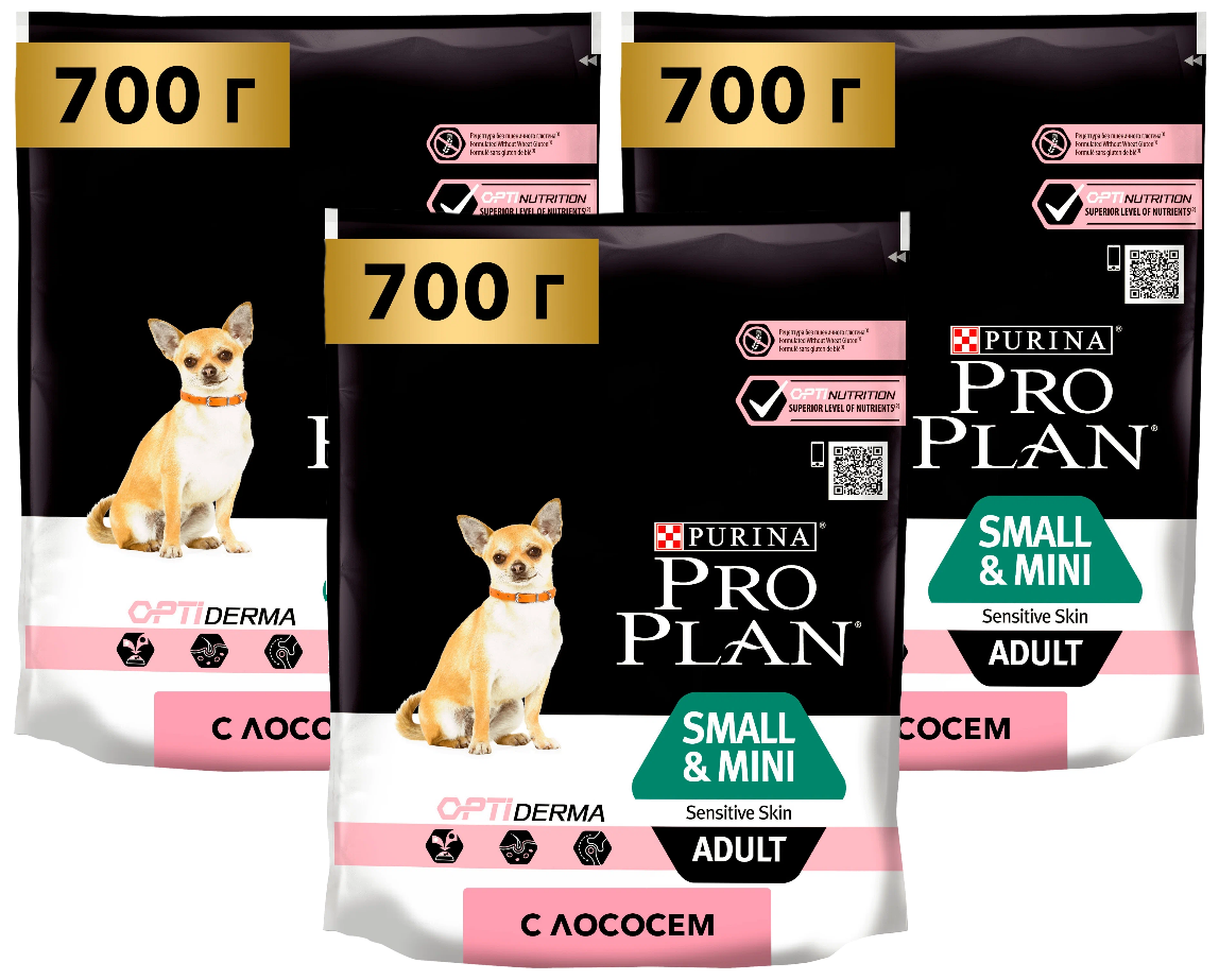 Сухой корм Pro Plan для взрослых собак мелких и карликовых пород с чувствительной кожей, с высоким содержанием лосося 700 г х 3шт
