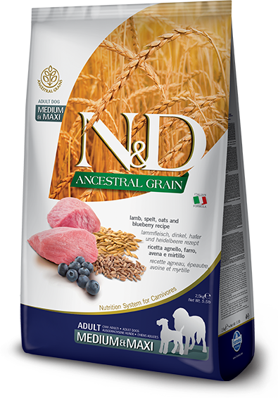 N&D Dog Ancestral Grain с ягненком и черникой низкозерновой сухой корм для собак средних и крупных пород 2,5кг