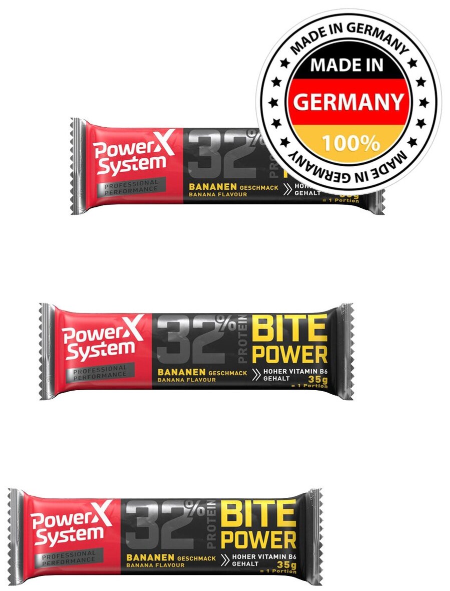 Power System Bite Power Protein Bar (Банан) 3х35г / Протеиновый батончик (32% белка) с коллагеном и витаминами для похудения и набора мышечной массы женщин и мужчин