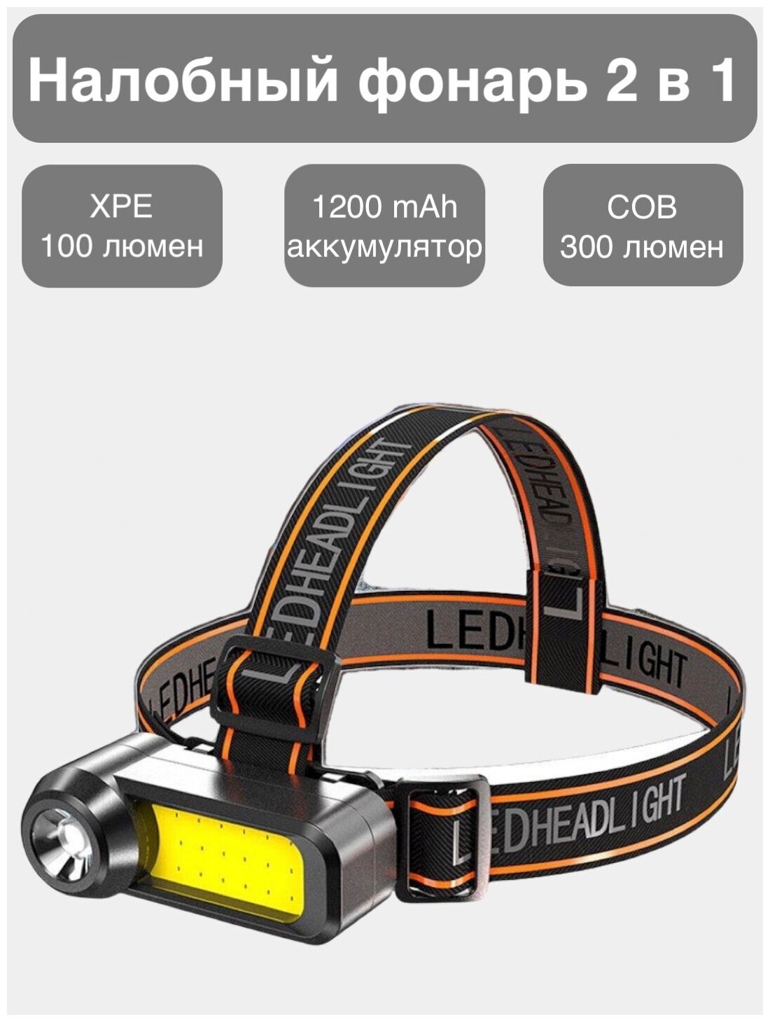 Налобный светодиодный фонарь Uspeh с регулировкой угла свечения / встроенный аккумулятор / зарядка от USB / yyc-1808