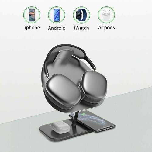 Беспроводное зарядное устройство WiWU Hubble Stand M15 3 в 1 30 Вт для Airpods Max, iPhone, AirPods - Space Grey умный чехол подставка из экокожи с автоматическим переходом в спящий режим и стилусом