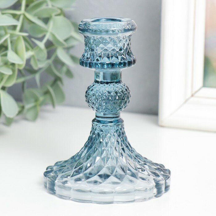 Подсвечник стекло на 1 свечу "Женева" d-2,2 см синий 10,5х7,7х7,7 см - фотография № 1
