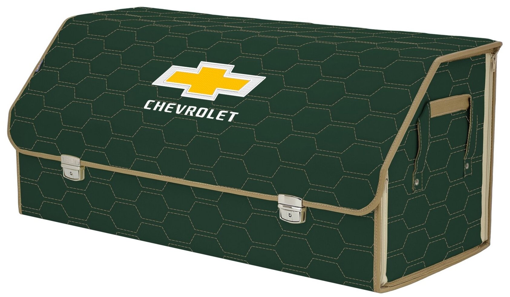 Органайзер-саквояж в багажник "Союз Премиум" (размер XXL). Цвет: зеленый с бежевой прострочкой Соты и вышивкой Chevrolet (Шевроле).