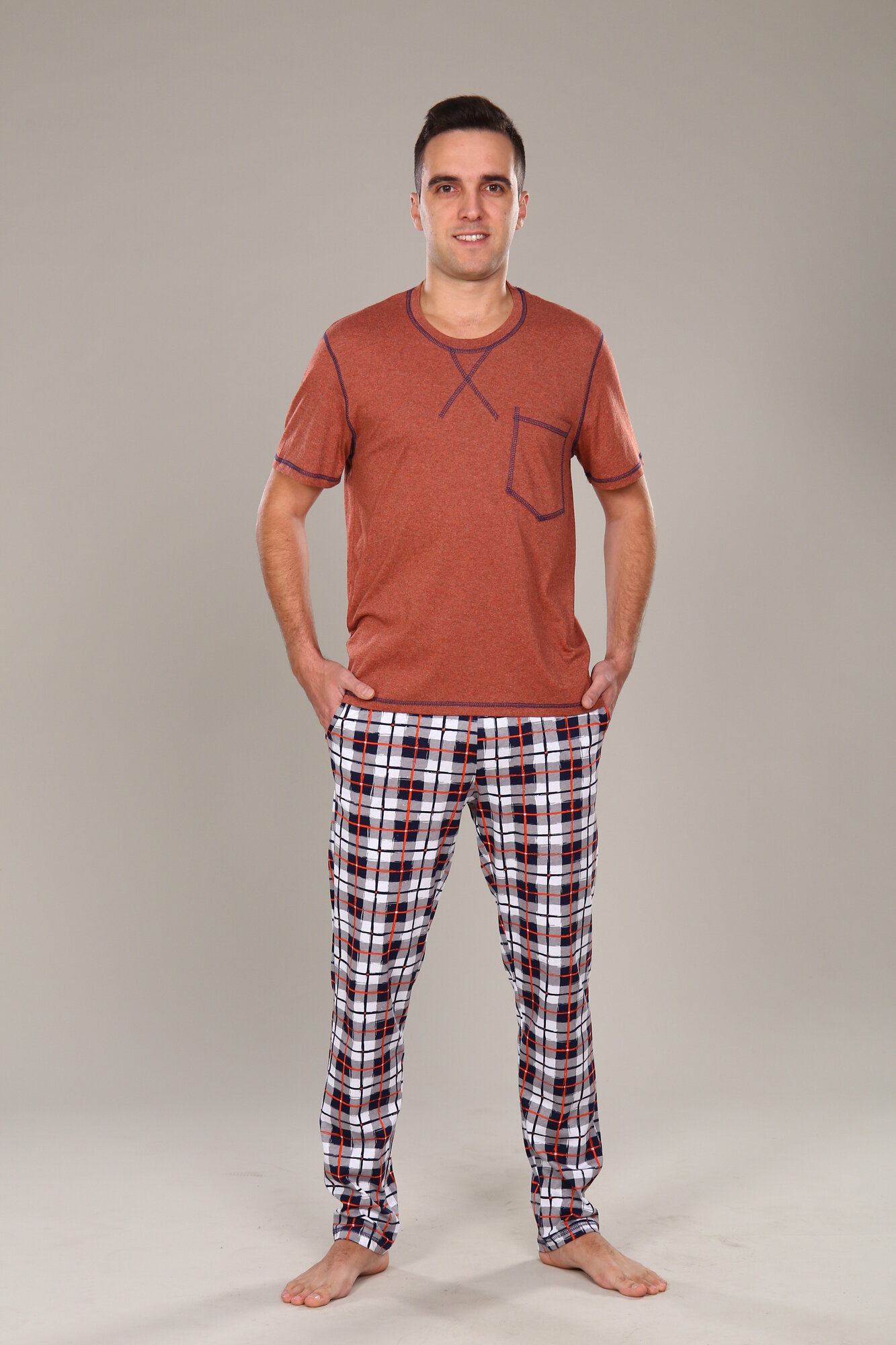 Мужская пижама с брюками большой размер хлопок Джон кирпичный IvCapriz 50 - фотография № 1