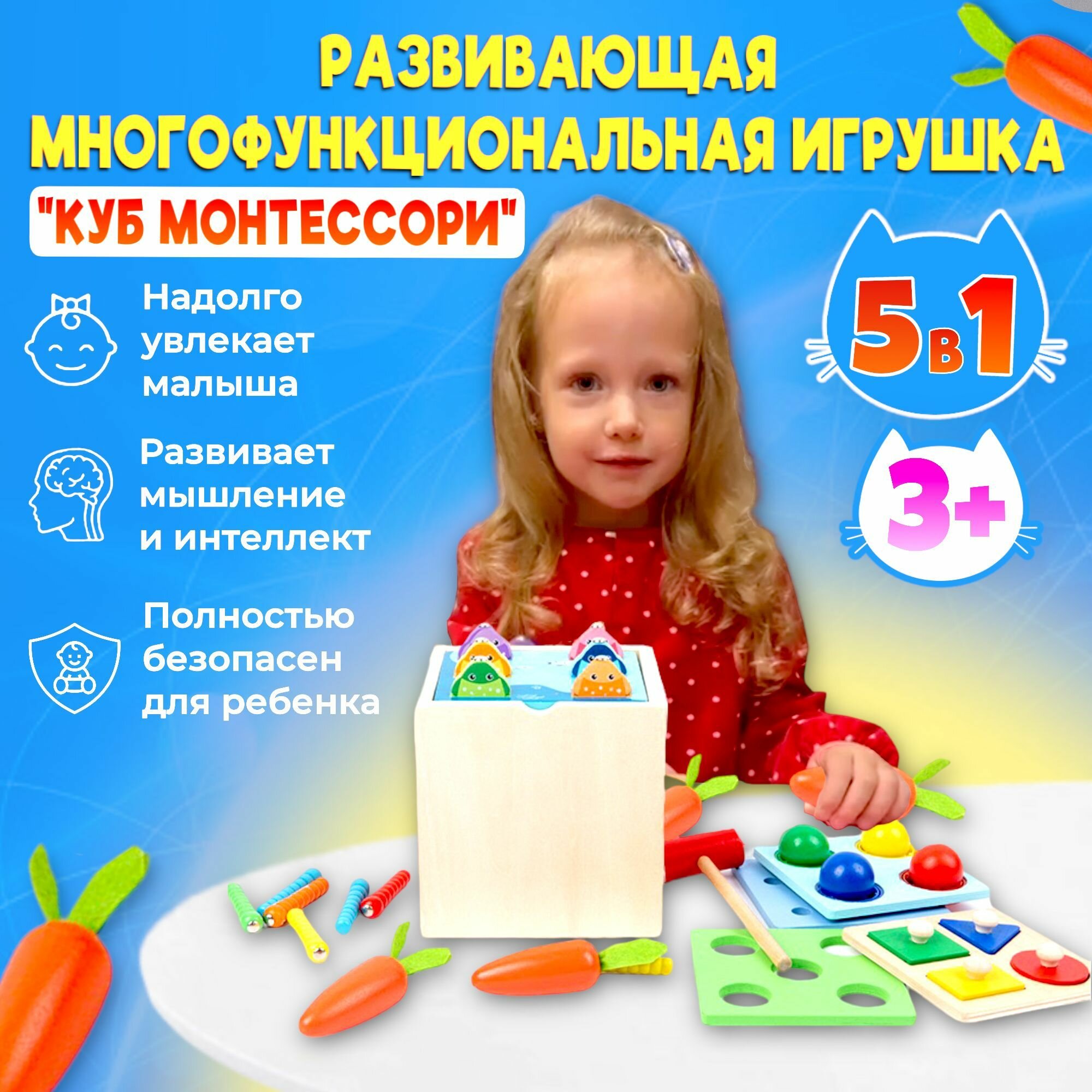 Деревянная развивающая игрушка Куб Монтессори 5 в 1