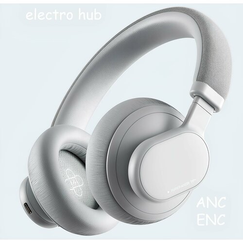 Наушники беспроводные большие модные стильные полноразмерные накладные Fingertime с шумоподавлением ANC ENC с микрофоном игровые Bluetooth 53 AUX кабель серебряный LED 400200₽