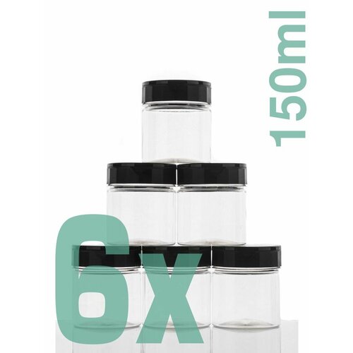 Набор Пластиковых Баночек для Специй / 150 мл / 6 шт / с черной крышкой дозатором / ПЭТ. Банки для сыпучих специй 6 штук в комплекте