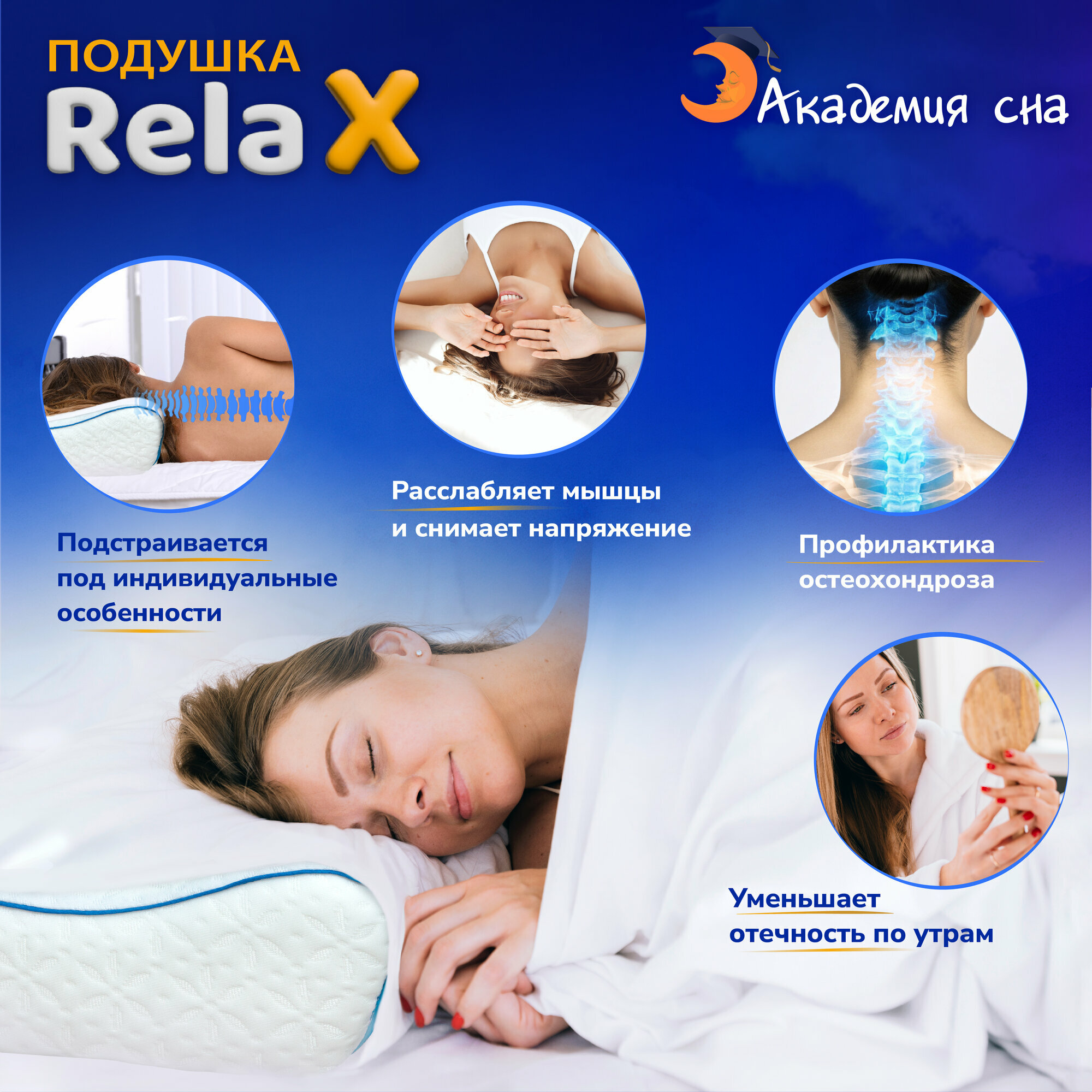 Изображение Ортопедическая, анатомическая подушка Академия Сна Sleep Mode Relax для сна 51 на 30 высота валиков 9, 13 см