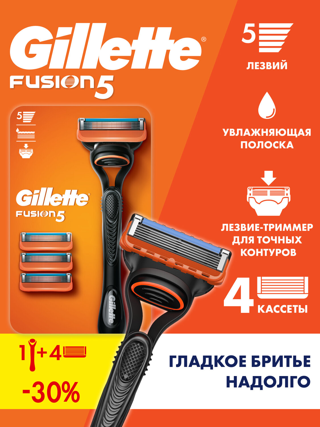 Gillette Fusion5 Мужская Бритва , 4 кассеты, с 5 лезвиями, c точным триммером для труднодоступных мест
