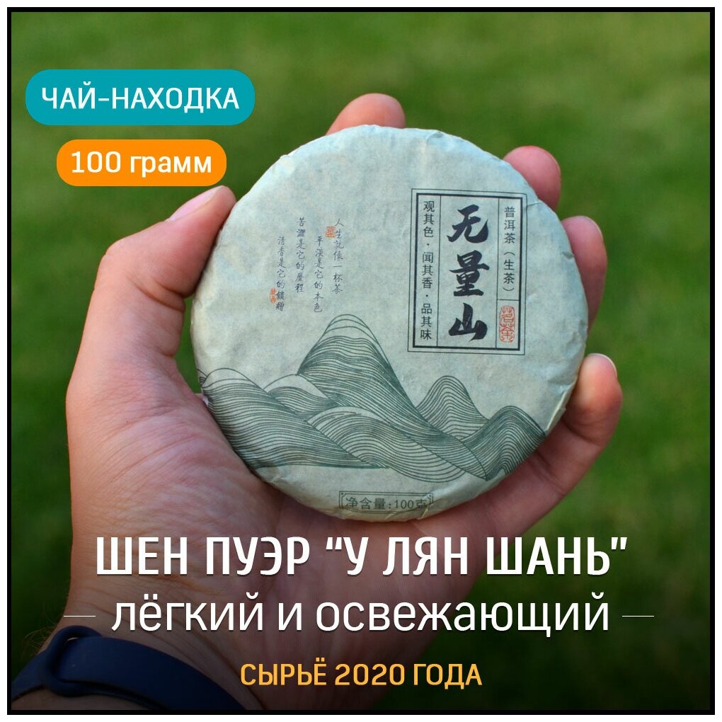 Чай Шен Пуэр У Лян Шань 2020 год блин 100 грамм, китайский прессованный элитный зеленый шэн Пу Эр для похудения и для чайной церемонии, высший сорт - фотография № 1