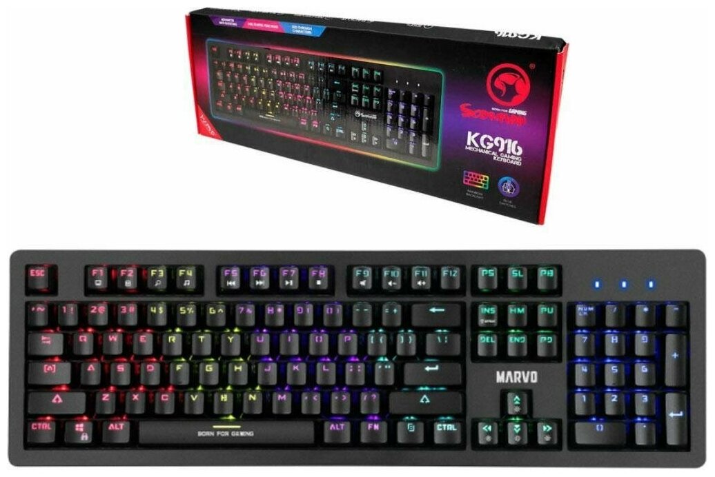 Клавиатура MARVO KG916, игровая, проводная, механическая,104 клавиши, USB, подсветка, черная