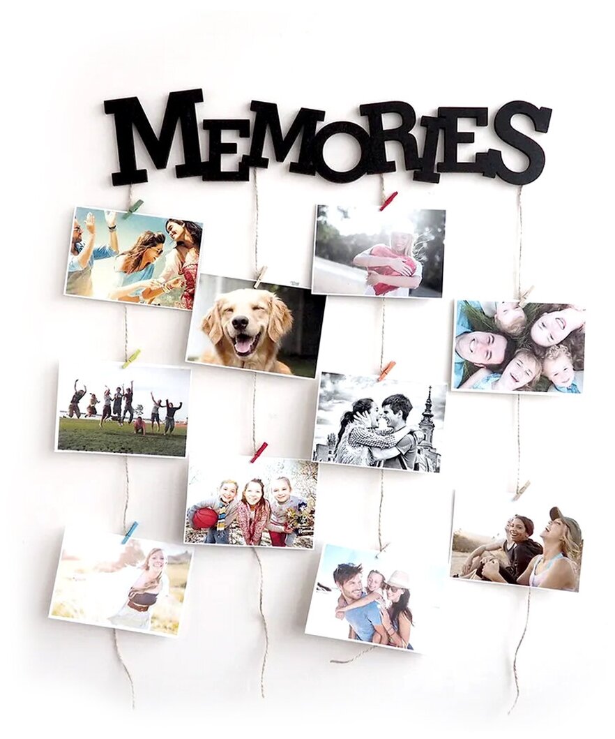 фото Мультирамка Memories Black на 20 фото, 45 см, черная, фоторамка на несколькок фото, фотопанно, держатель для фотографий, Рамка для фото с прищепками