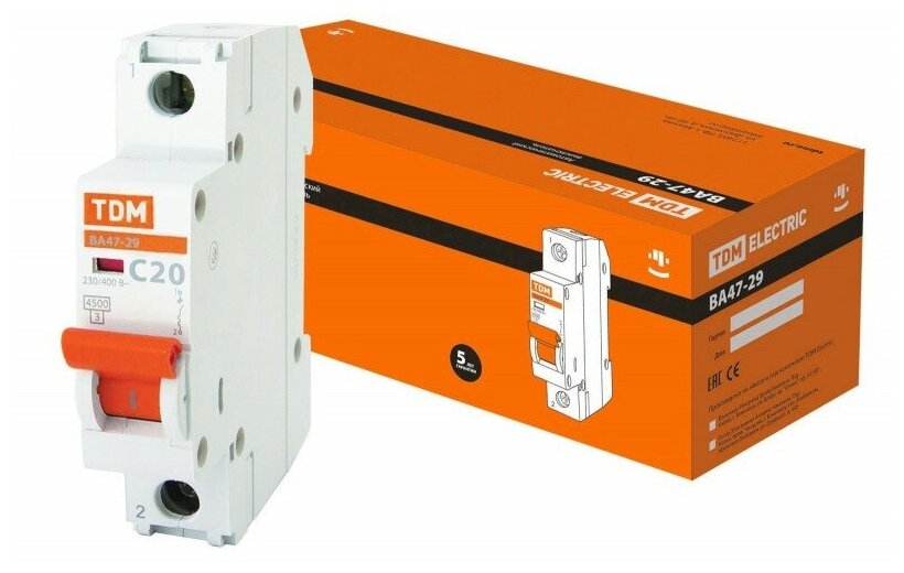 фото Выключатель автоматический ВА47-29 20А 1П однополюсный C 4,5кА (SQ0206-0075) TDM